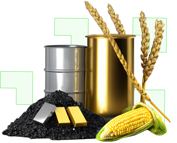 Barili di petrolio, lingotti d'oro, carbone, grano e mais
