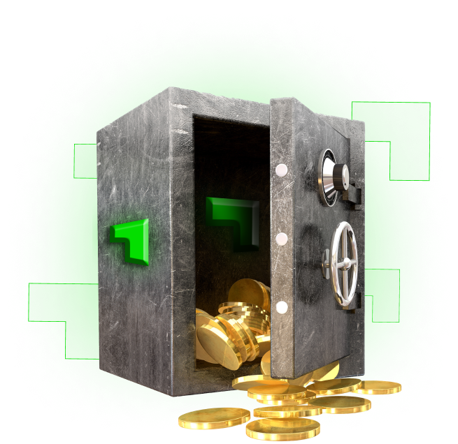 Cassaforte aperta con monete d'oro